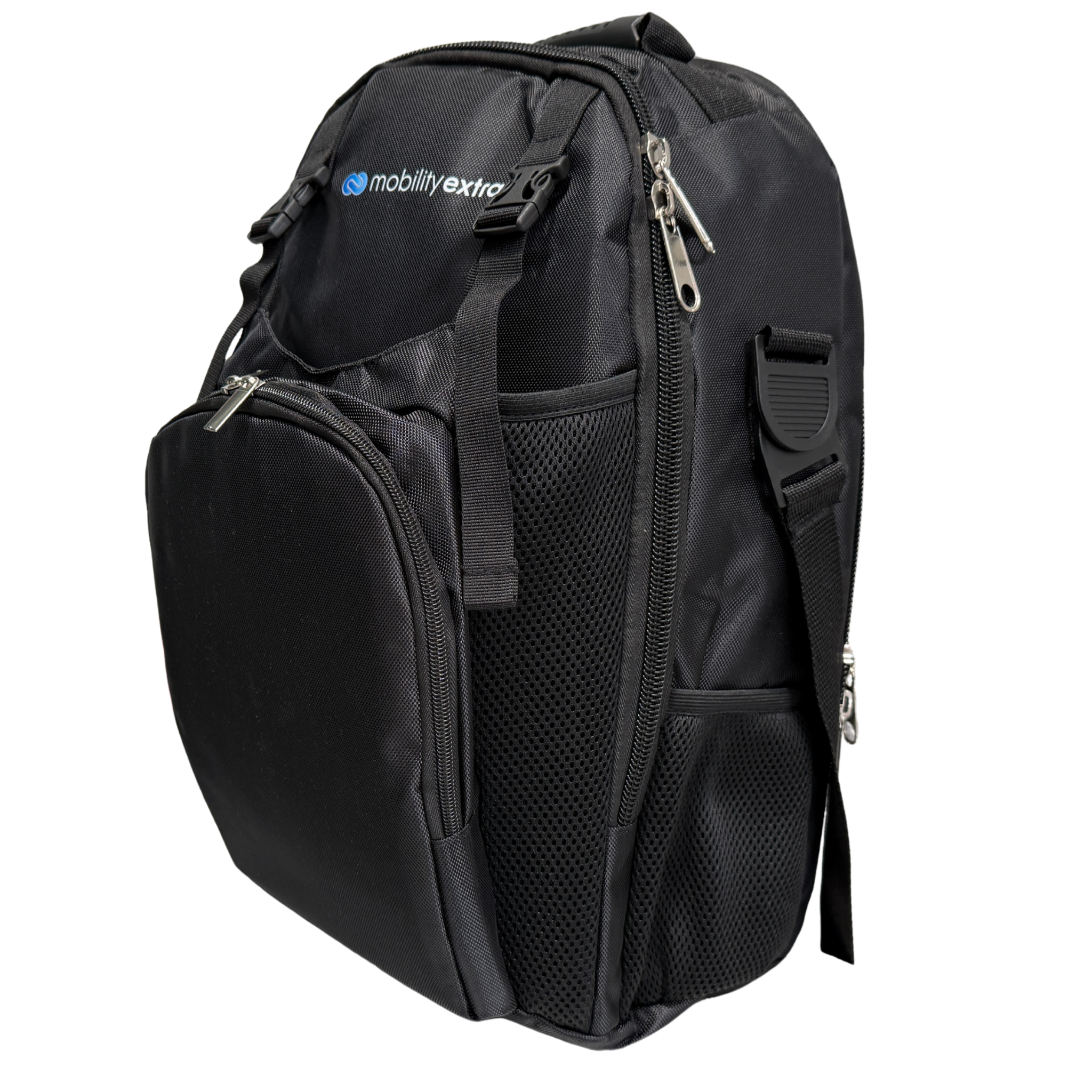 Mobility Extra lack backpack with multiple pockets and zippers on a white background