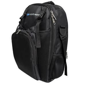 Mobility Extra lack backpack with multiple pockets and zippers on a white background