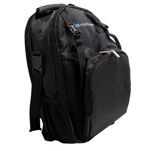 Black backpack with Mobility Rebel logo on a white background