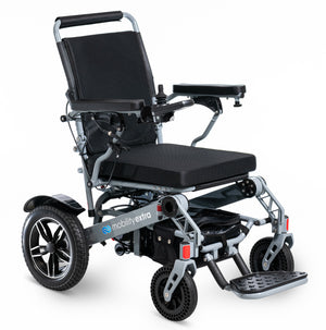 A black Mobility electric wheelchair with a lightweight aluminum frame, flip-up armrests, and a reclining seat.