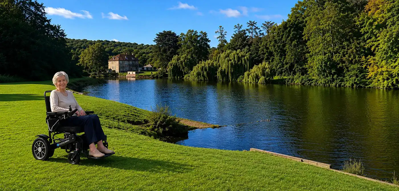 Woman in a wheelchair by a lake with trees and a building in the background