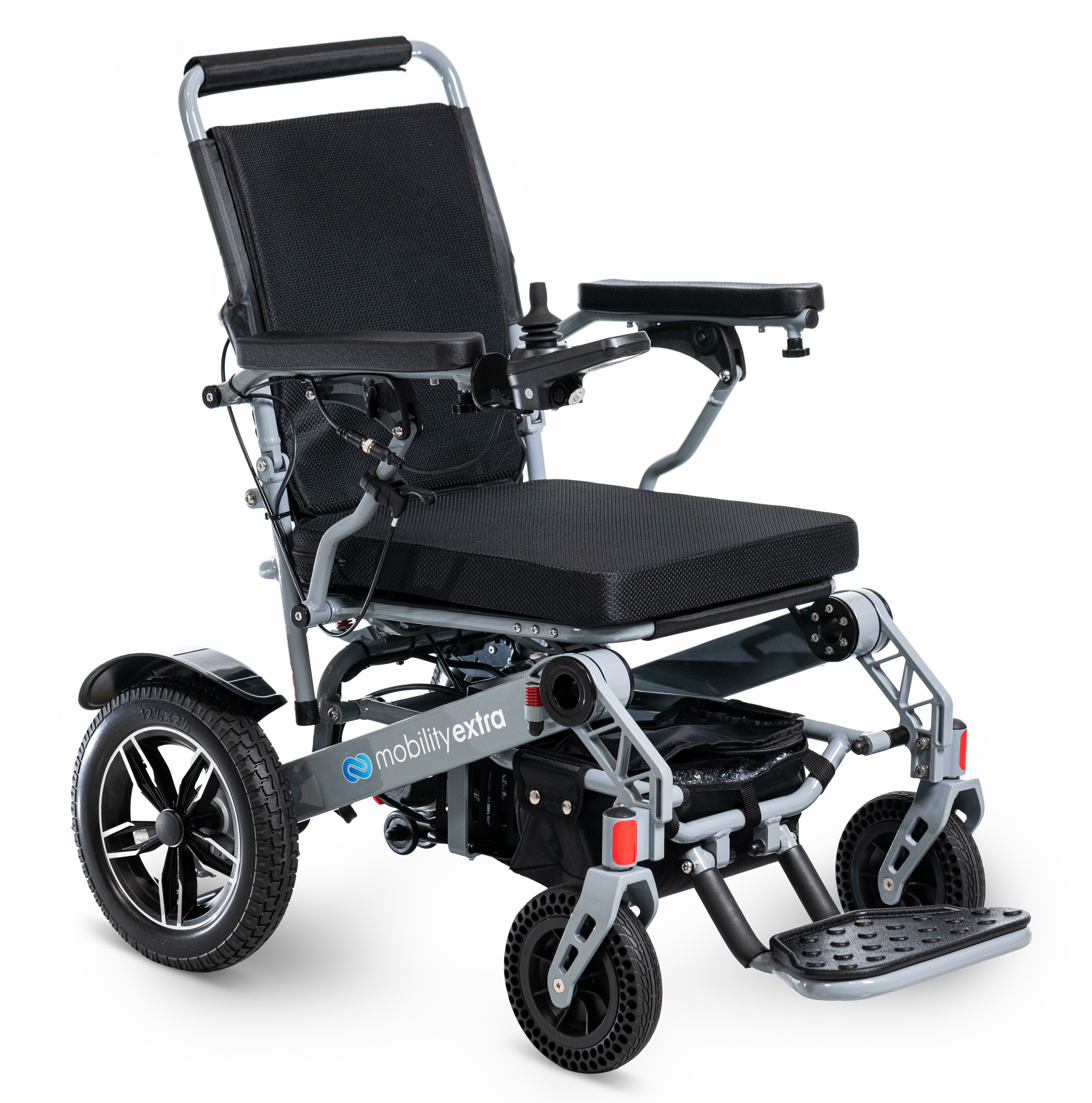 A black Mobility electric wheelchair with a lightweight aluminum frame, flip-up armrests, and a reclining seat.
