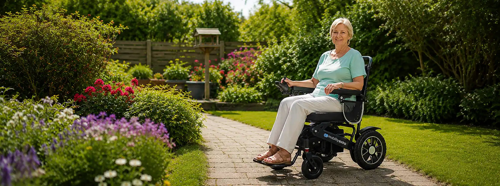 A woman sitting in a motorized wheelchair on a paved garden path, surrounded by lush green grass, bushes, and colorful flowers.