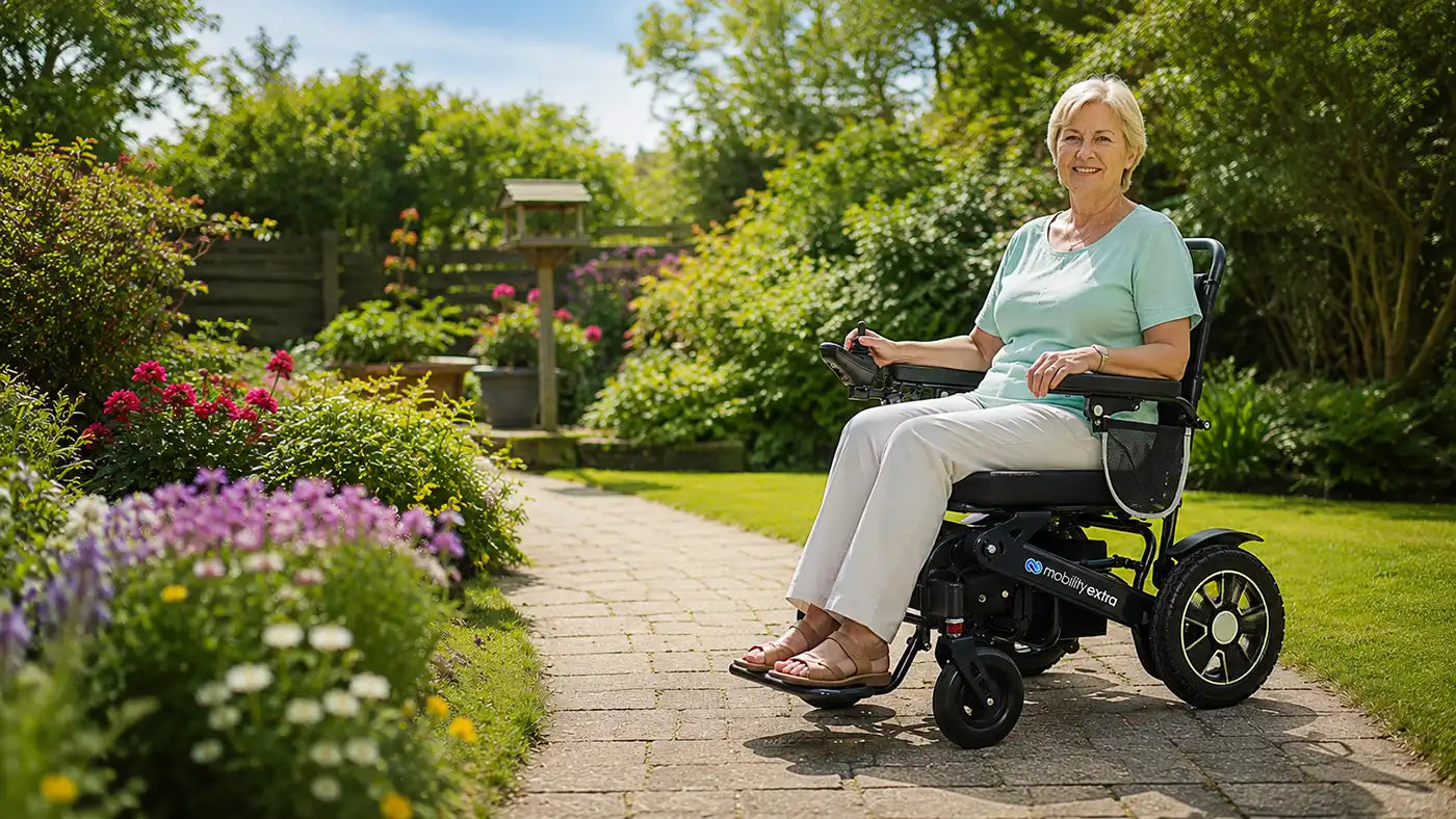 A woman sitting in a black electric motorised wheelchair on a paved garden path, surrounded by green grass, lush plants, and colourful flowers. The wheelchair features a sleek black frame with silver and black wheels, and the brand name 'Mobility Extra' is visible on the side.