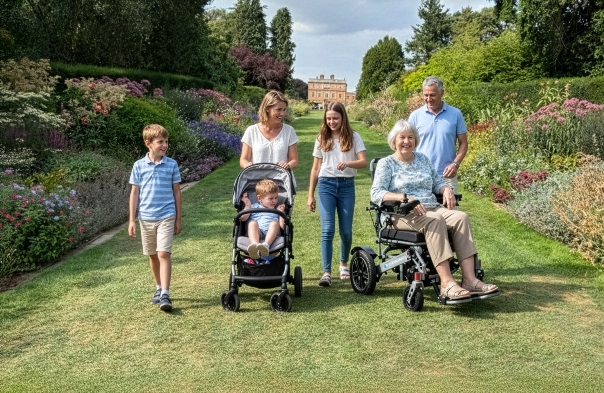 Family with a baby in a stroller and an elderly person in a wheelchair walking in a garden.